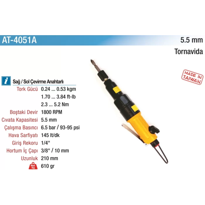 5.5 mm. 1800 RPM Düz Tip Havalı Tornavida