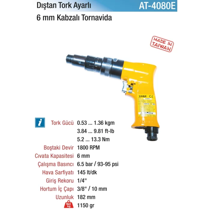 6mm.1800RPM Kabzalı Dıştan Tork Ayarlı Tornavida