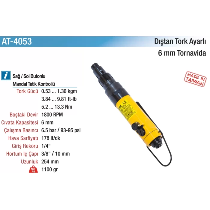 6 mm. 1800 RPM Düz Tip Dıştan Tork Ayarlı Tornavida