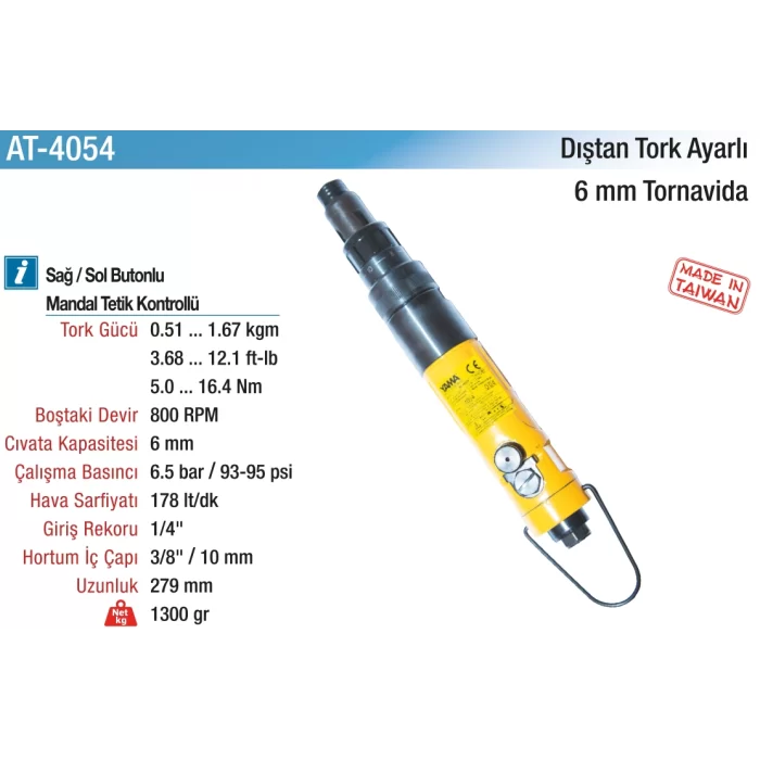 6 mm. 800 RPM Düz Tip Dıştan Tork Ayarlı Tornavida