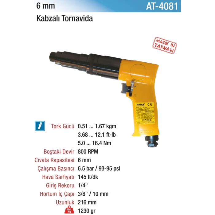 6 mm. 800 RPM Kabzalı Tip Havalı Tornavida