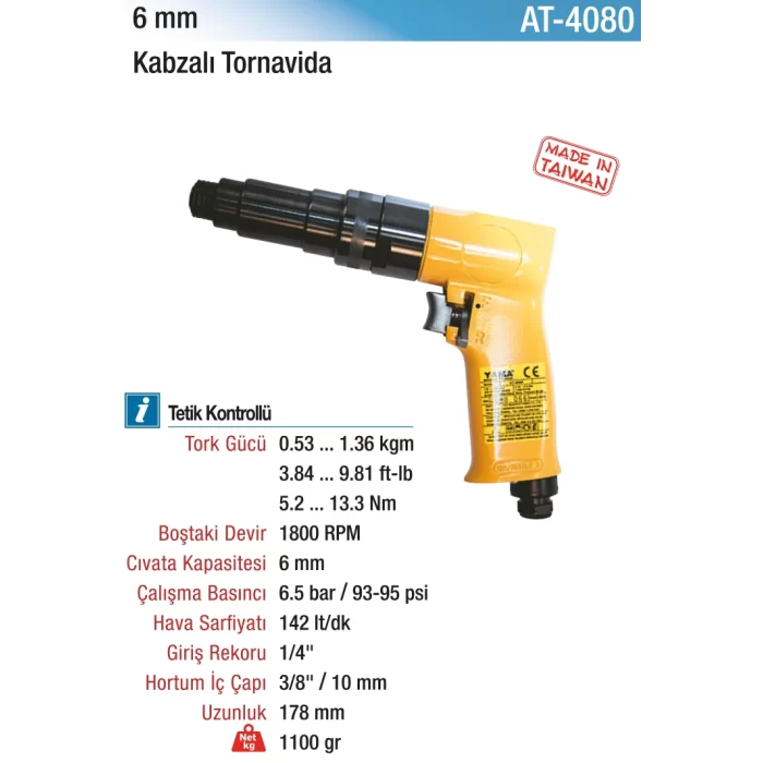 6 mm. 1800 RPM Kabzalı Tip Havalı Tornavida