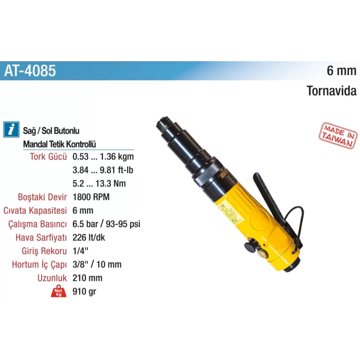 6 mm. 1800 RPM Düz Tip Havalı Tornavida