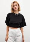 Kolyeli Kısa Kol Bluz - SİYAH