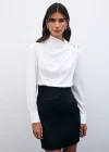 Düğmeleri Taş Detaylı Bluz - Ekru