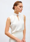 Yaka Detaylı Saten Bluz - Ekru