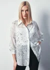 Kadın 1395-2011 Salaş Varaklı Gömlek Ekru-Gümüş