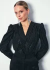 Parlak Çizgili Bodysuit Bluz - SİYAH