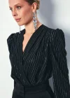 Parlak Çizgili Bodysuit Bluz - SİYAH