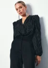 Parlak Çizgili Bodysuit Bluz - SİYAH