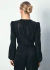 Parlak Çizgili Bodysuit Bluz - SİYAH