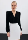 Kruvaze Vatkalı Bodysuit - Siyah