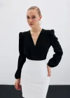Kruvaze Vatkalı Bodysuit - Siyah