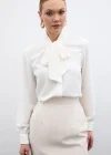 Yakası Bağlamalı Düz Gömlek - Ekru
