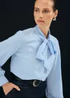Yakası Bağlamalı Düz Gömlek - Mavi