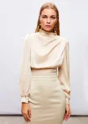 Bel Detaylı Mini Saten Etek - Bej