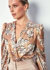 Desenli Bodysuit Bluz - Camel