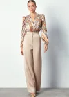 Desenli Bodysuit Bluz - Camel