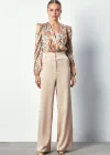 Desenli Bodysuit Bluz - Camel