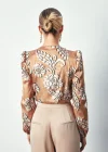 Desenli Bodysuit Bluz - Camel