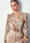 Desenli Bodysuit Bluz - Camel