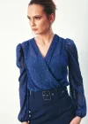 Desenli Kruvaze Bodysuit Bluz - Lacivert