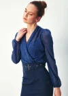 Desenli Kruvaze Bodysuit Bluz - Lacivert