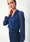 Desenli Kruvaze Bodysuit Bluz - Lacivert