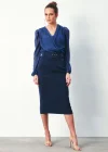 Desenli Kruvaze Bodysuit Bluz - Lacivert