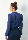 Desenli Kruvaze Bodysuit Bluz - Lacivert