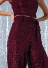 Kemerli Payet Pantolon - Bordo