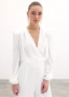 Kruvaze Desenli Bodysuit Bluz - Ekru