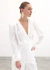 Kruvaze Desenli Bodysuit Bluz - Ekru