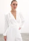 Kruvaze Desenli Bodysuit Bluz - Ekru