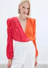 Kruvaze Desenli Bodysuit - Oranj-Fuşya