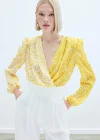 Kruvaze Desenli Bodysuit - Sarı-Ekru
