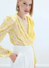 Kruvaze Desenli Bodysuit - Sarı-Ekru