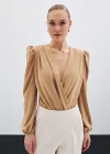 Kruvaze Vatkalı Bodysuit - Camel