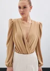 Kruvaze Vatkalı Bodysuit - Camel