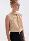Yaka Detaylı Saten Bluz - Camel