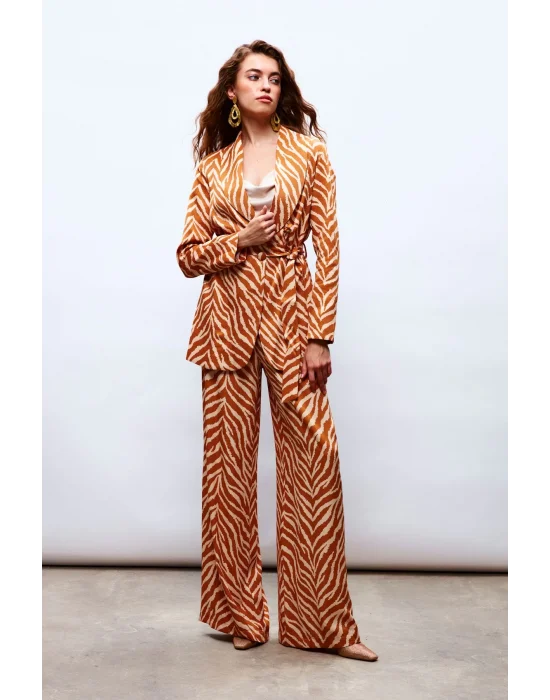 Zebra Desenli Saten Pantolon - CAMEL