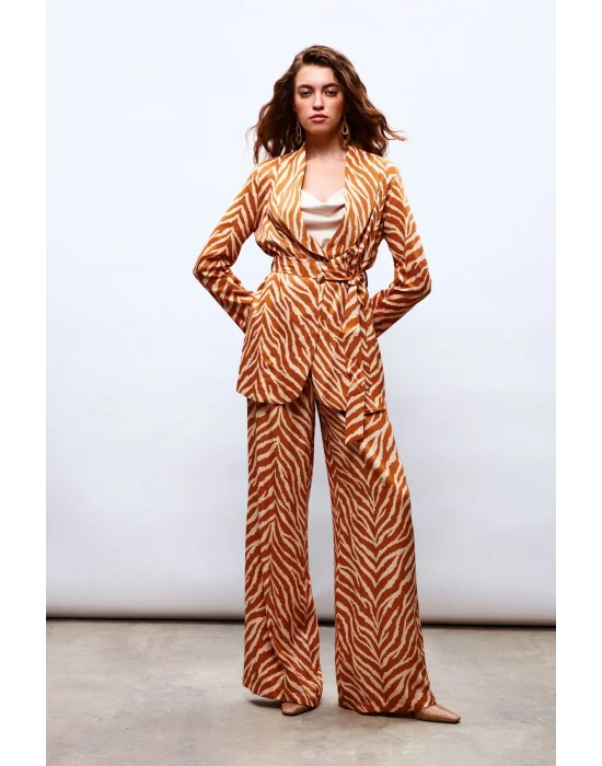 Zebra Desenli Saten Pantolon - CAMEL