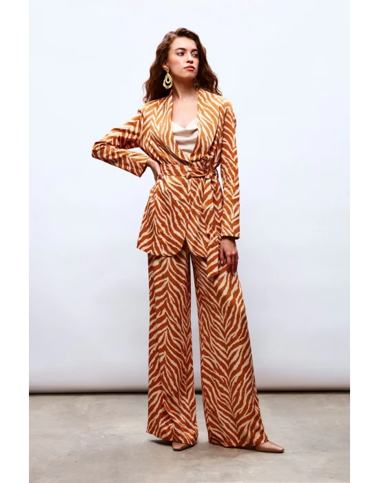 Zebra Desenli Saten Pantolon - CAMEL