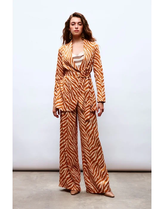 Zebra Desenli Saten Pantolon - CAMEL