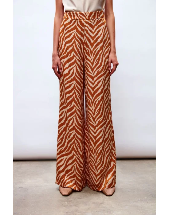 Zebra Desenli Saten Pantolon - CAMEL