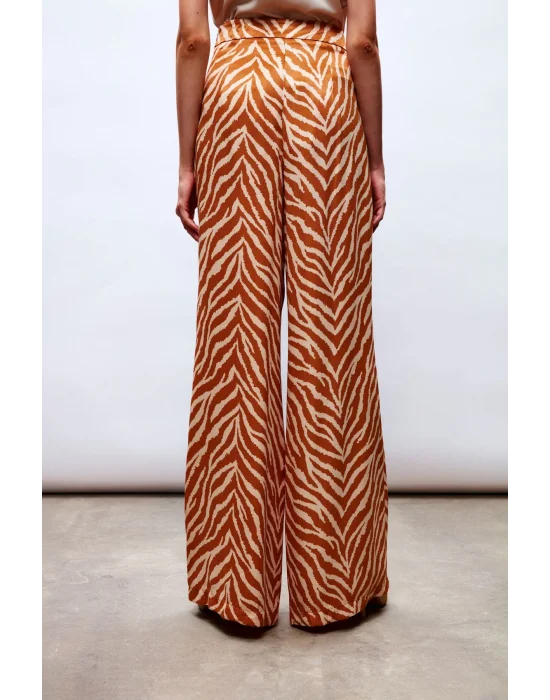 Zebra Desenli Saten Pantolon - CAMEL