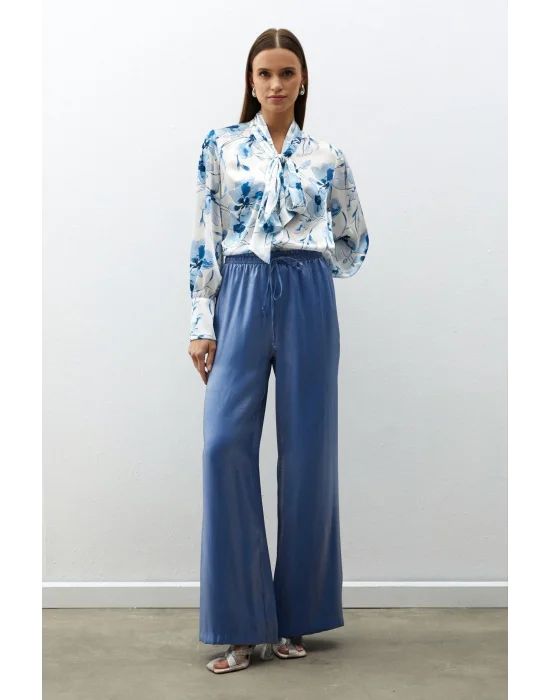 Bel Lastikli Parlak Pantolon - MAVİ