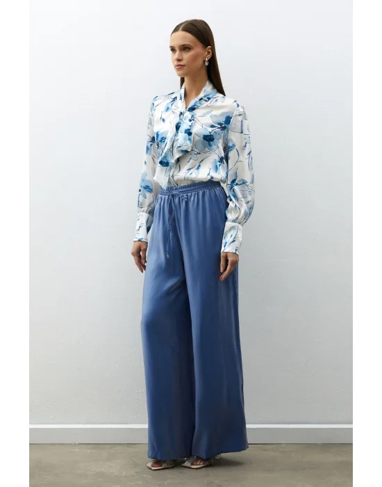 Bel Lastikli Parlak Pantolon - MAVİ