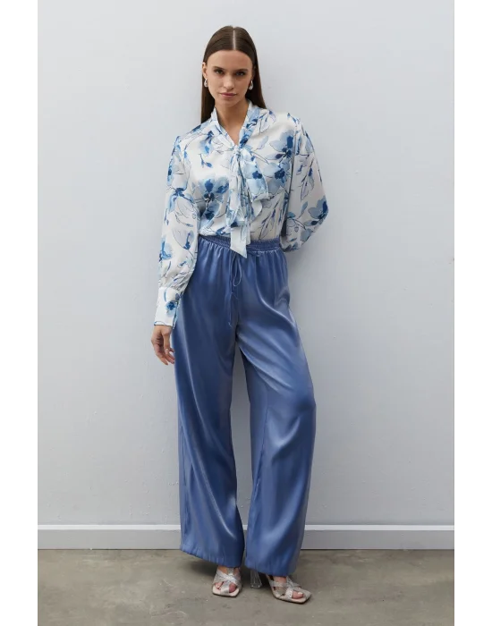 Bel Lastikli Parlak Pantolon - MAVİ