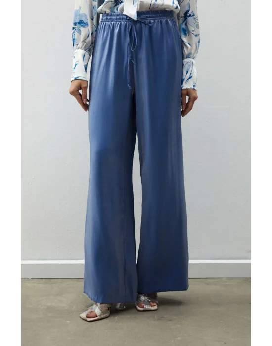 Bel Lastikli Parlak Pantolon - MAVİ
